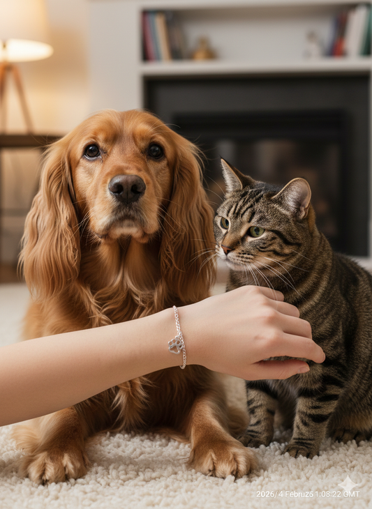 Dog and cat sitting on a carpet with a person's wrist wearing a silver paw print bracelet, in a home setting.
