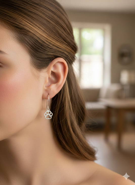 Close-up of a woman wearing silver paw print earrings with a blurred indoor background