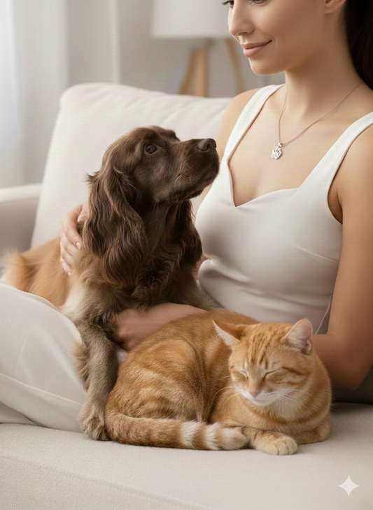 Woman sitting on a couch wearing a paw print necklace with a dog and a cat, all looking at the camera.