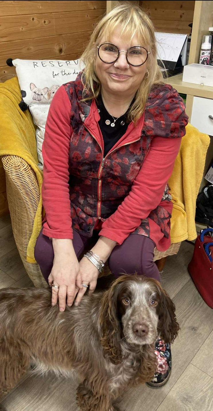 Tabitha Tansey with her dog Dotty in her Studio in Shropshire