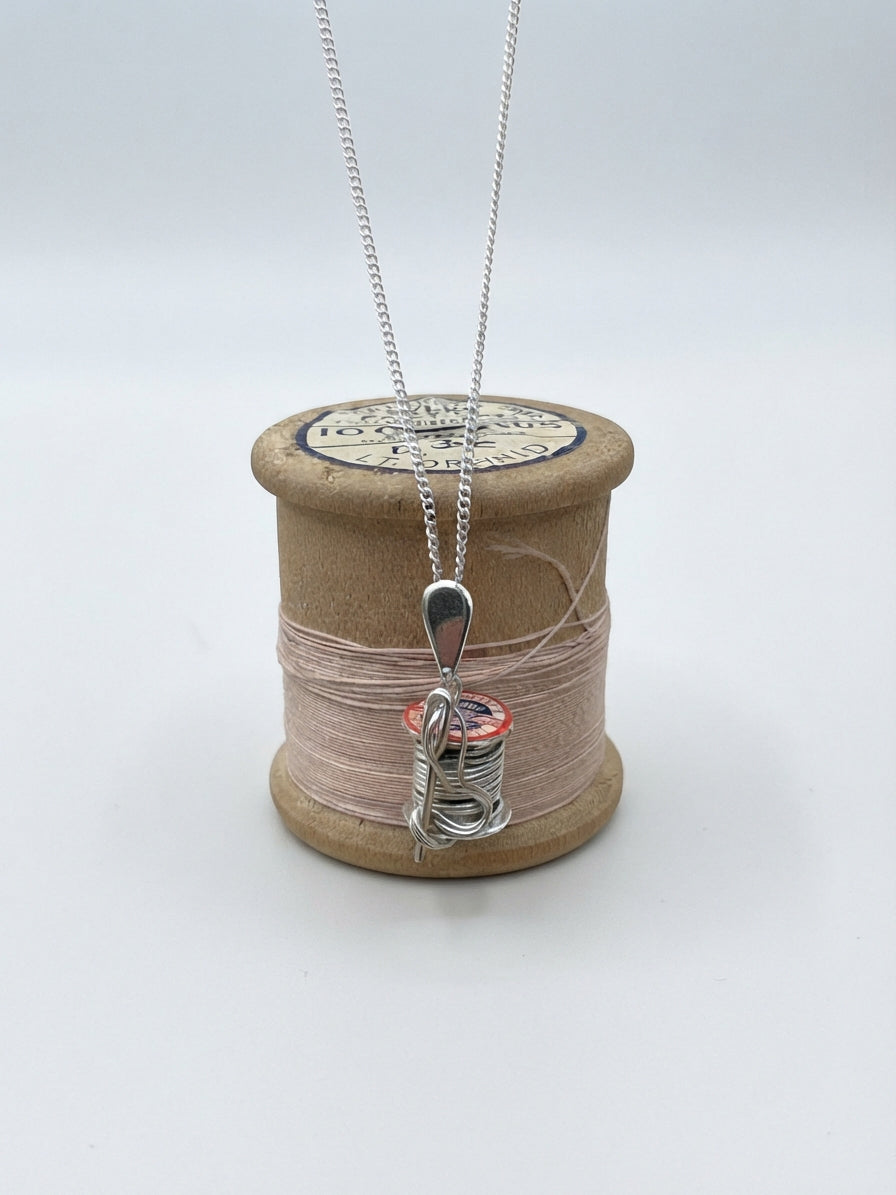 Medium Silver Cotton Reel Pendant with Needle